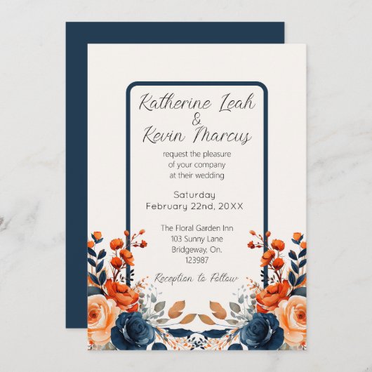 ネイビエレガントーブルー焦げオレンジ色の水色フローラ 招待状 (正面/裏面)