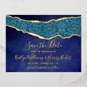 ネイビエレガントーブルー瑪瑙の結婚式の日実在付け 箔招待状ポストカード (正面)