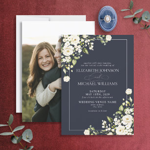 ネイビエレガントーブルー白フローラ写真結婚ズ 招待状