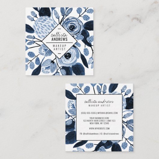 ネイビエレガントーブルー白フローラ水彩化粧水 スクエア名刺 (正面/裏面)