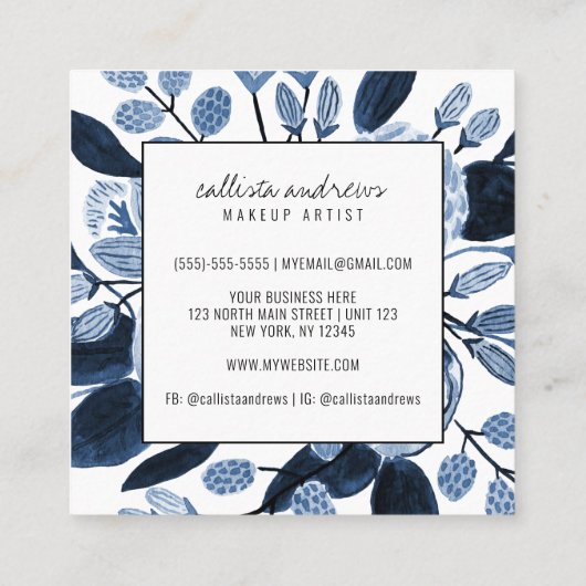 ネイビエレガントーブルー白フローラ水彩化粧水 スクエア名刺 (裏面)