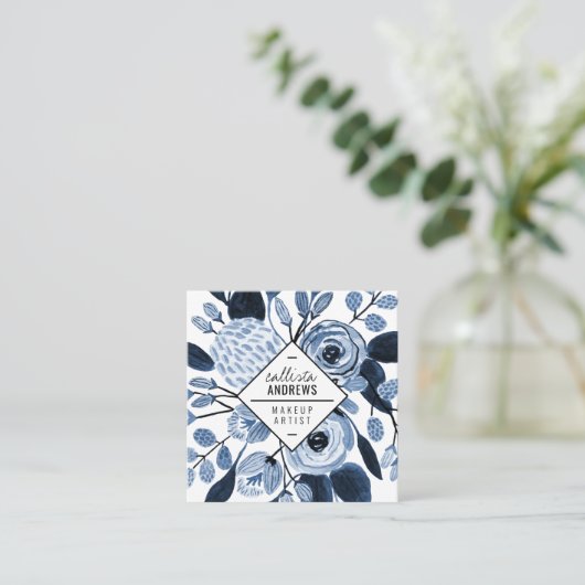 ネイビエレガントーブルー白フローラ水彩化粧水 スクエア名刺 (スタンド正面)