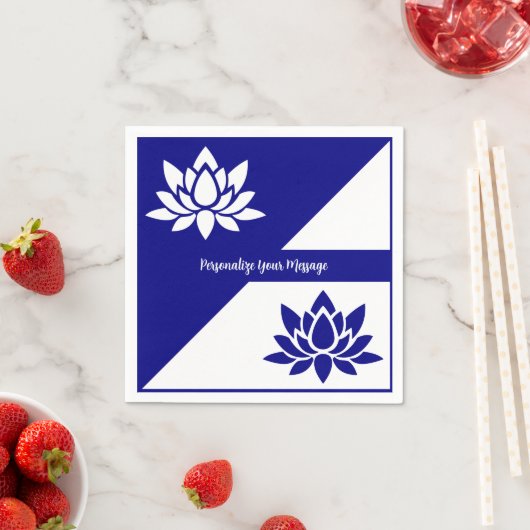 ネイビエレガントーブルー白禅ヨガロータス花 スタンダードカクテルナプキン (インサイチュ)