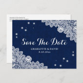 ネイビエレガントーブルー素朴ウェディング日付を保存 案内ポストカード (正面/裏面)