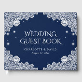 ネイビエレガントーブルー素朴フローラ結婚レース ゲストブック (正面)