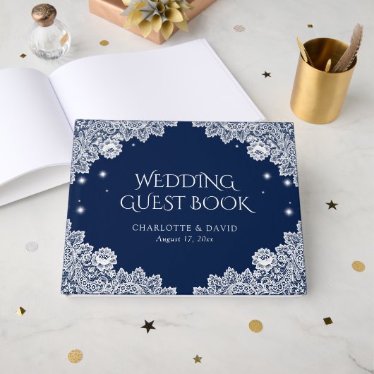 ネイビエレガントーブルー素朴フローラ結婚レース ゲストブック (正面見開き)