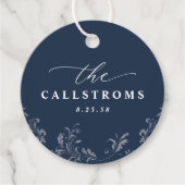 ネイビエレガントーブルー結婚の上品なラウンドメッセージカード フェイバータグ (正面)