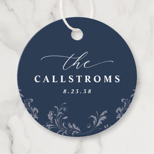 ネイビエレガントーブルー結婚の上品なラウンドメッセージカード フェイバータグ (正面)