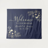 ネイビエレガントーブルー結婚の歓迎の背景 タペストリー (正面(横))