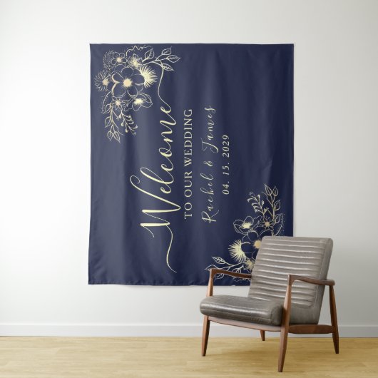 ネイビエレガントーブルー結婚の歓迎の背景 タペストリー (インサイチュ)