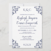 ネイビエレガントーブルー結婚式招待状 |ヴィンテージ 招待状 (正面)