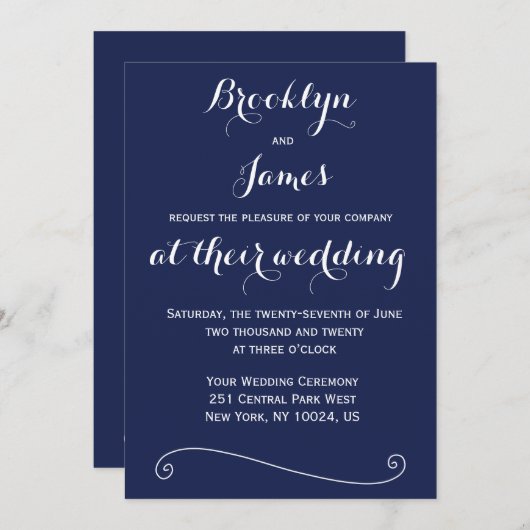 ネイビエレガントーブルー結婚式招待状 招待状 (正面/裏面)