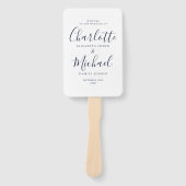 ネイビエレガントーブルー署名スクリプト結婚式 プログラム ハンドファン (正面)