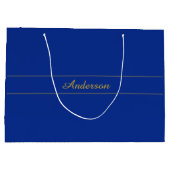 ネイビエレガントーブルー背景の金ゴールドスクリプト ラージペーパーバッグ (裏面)