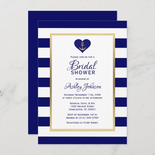 ネイビエレガントーブルー航海の結婚のブライダルシャワー 招待状 (正面/裏面)
