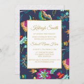 ネイビエレガントーブルー花金ゴールド幹パーティー 招待状 (正面/裏面)