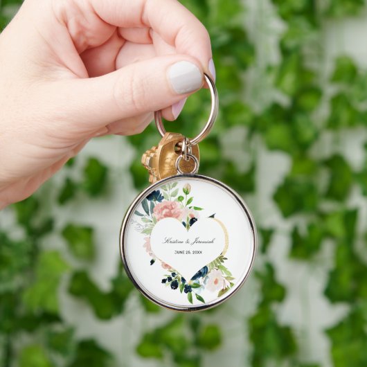 ネイビエレガントーブルー赤面バラフローラハート結婚ズ キーホルダー (手)