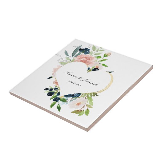 ネイビエレガントーブルー赤面バラフローラハート結婚ズ タイル (側面)