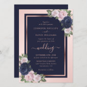 ネイビエレガントーブルー赤面バラ金ゴールドフローラ結婚ズ 招待状 (正面/裏面)