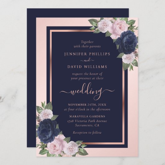 ネイビエレガントーブルー赤面バラ金ゴールドフローラ結婚ズ 招待状 (正面/裏面)