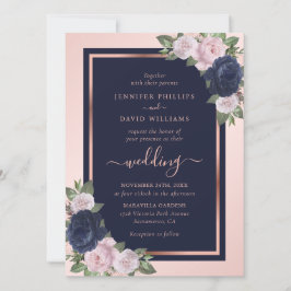 ネイビエレガントーブルー赤面バラ金ゴールドフローラ結婚ズ 招待状