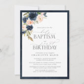 ネイビエレガントーブルー赤面ピンクバプテスマ1歳 招待状 (正面)