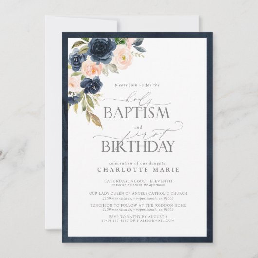 ネイビエレガントーブルー赤面ピンクバプテスマ1歳 招待状 (正面)