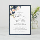 ネイビエレガントーブルー赤面ピンクバプテスマ1歳 招待状 (スタンド正面)