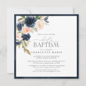 ネイビエレガントーブルー赤面ピンクフローラベビーバプテスマ 招待状 (正面)