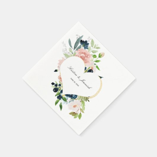 ネイビエレガントーブルー赤面ピンクローズフローラズ結婚 スタンダードカクテルナプキン (角)