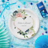 ネイビエレガントーブルー赤面ピンクローズフローラズ結婚 ペーパープレート (パーティー)