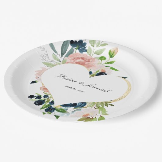 ネイビエレガントーブルー赤面ピンクローズフローラズ結婚 ペーパープレート (アングル)