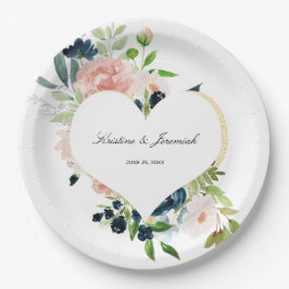 ネイビエレガントーブルー赤面ピンクローズフローラズ結婚 ペーパープレート