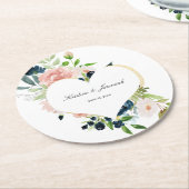 ネイビエレガントーブルー赤面ピンクローズフローラズ結婚 ラウンドペーパーコースター (アングル)