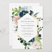 ネイビエレガントーブルー赤面ピンクローズフローラズ結婚 招待状 (正面/裏面)