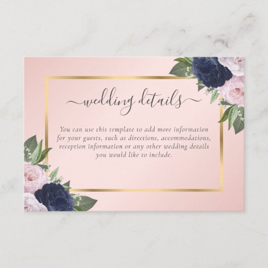 ネイビエレガントーブルー赤面フローラ結婚ズ詳細 エンクロージャーカード (正面)