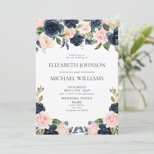 ネイビエレガントーブルー赤面水彩フローラ結婚 招待状 (スタンド正面)