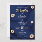 ネイビエレガントーブルー金ゴールドアイボリーベージュフローラズ結婚 招待状 (正面)