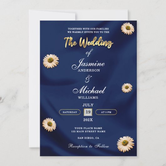 ネイビエレガントーブルー金ゴールドアイボリーベージュフローラズ結婚 招待状 (正面)