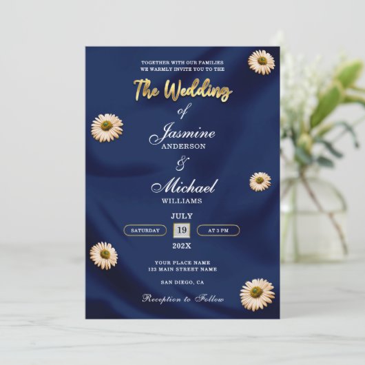 ネイビエレガントーブルー金ゴールドアイボリーベージュフローラズ結婚 招待状 (スタンド正面)