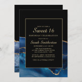 ネイビエレガントーブルー金ゴールドアガテマーブルスウィート16 招待状 (正面/裏面)