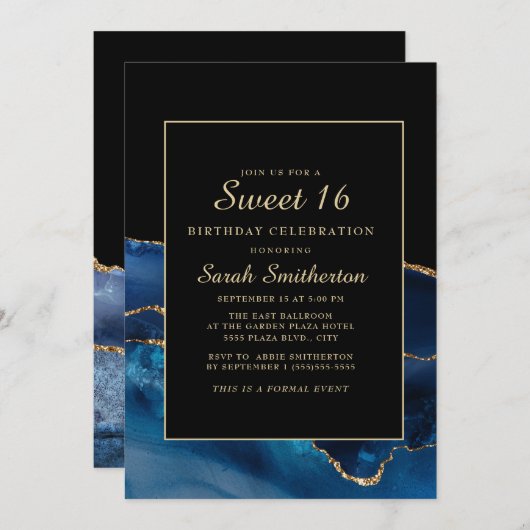ネイビエレガントーブルー金ゴールドアガテマーブルスウィート16 招待状 (正面/裏面)