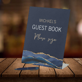 ネイビエレガントーブルー金ゴールドアガートメンズゲストブックペデス 台座サイン