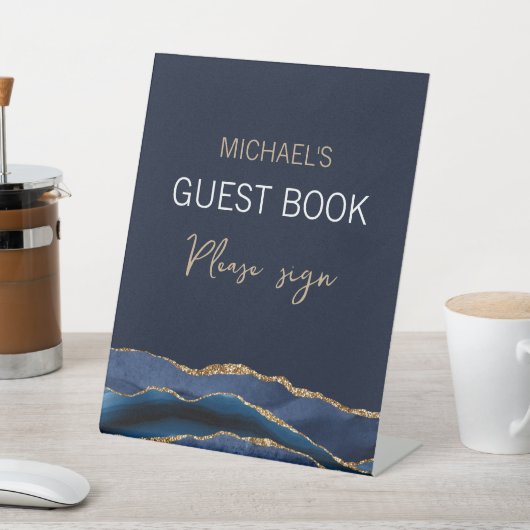 ネイビエレガントーブルー金ゴールドアガートメンズゲストブックペデス 台座サイン (インサイチュ)