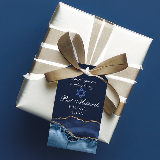 ネイビエレガントーブルー金ゴールドアゲートバルミツワーパーティー ギフトタグ