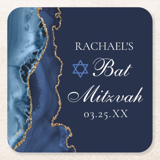 ネイビエレガントーブルー金ゴールドアゲートバルミツワーパーティー スクエアペーパーコースター (正面)