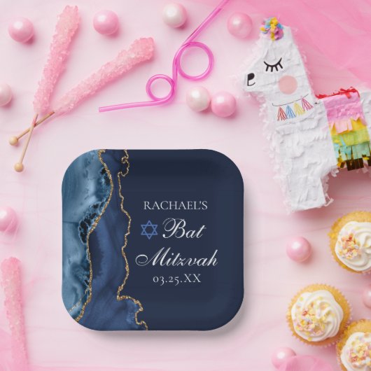 ネイビエレガントーブルー金ゴールドアゲートバルミツワーパーティー ペーパープレート (パーティー)