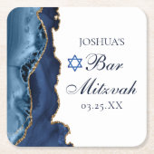 ネイビエレガントーブルー金ゴールドアゲートバー(ユダヤ教の)バル・ミツバーパーティー スクエアペーパーコースター (正面)