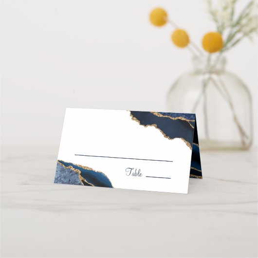 ネイビエレガントーブルー金ゴールドアゲートモノグラム結婚ズ プレイスカード (正面)