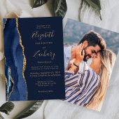 ネイビエレガントーブルー金ゴールドアゲート写真結婚の数 招待状